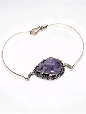 Lepidolite Gemstone 925 Sterling Silver Handmade Bangle Bracelet
